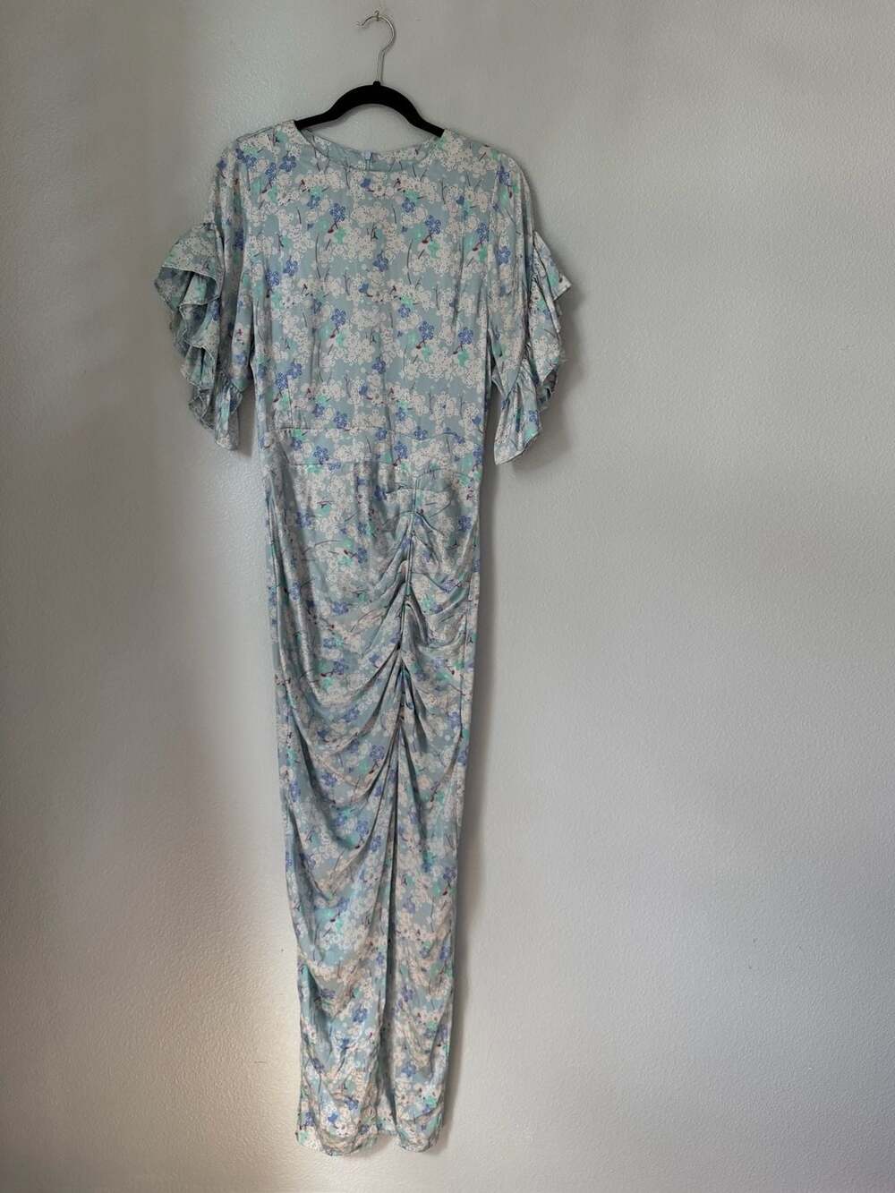 Acacia Silk Floral Print Midi Dress Size M Blue Silk  Ruched Sleeves